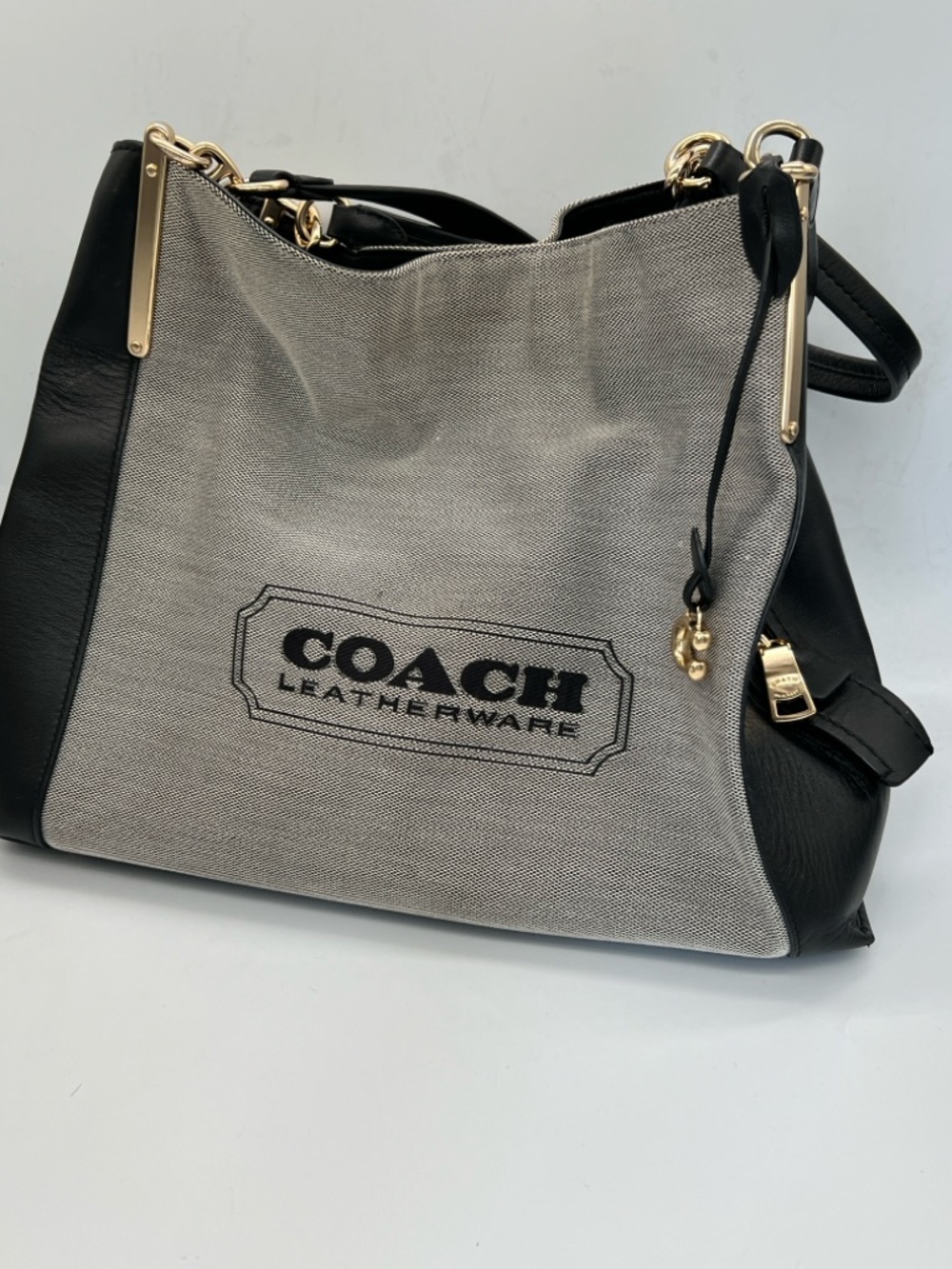 Coach Gray Canvas with Black Leather Shoulder Bag